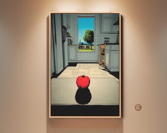 May include: A framed art print featuring a stylized kitchen scene with a vibrant red apple in the foreground. The artwork depicts a window with a view of a tree and blue sky, and the kitchen has white cabinets and a wooden chair.