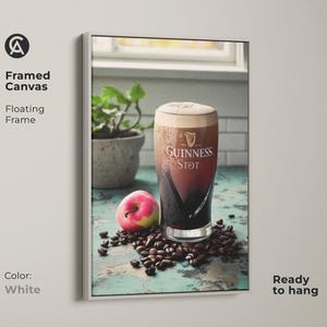 Vintage Guinness Stout Canvas Art Print, Coffee Lover Gift, Industrial Bar Decor, Rustic Kitchen Wall Art, Dark Brown Cream Artwork White Floating Frame Canvas Print
