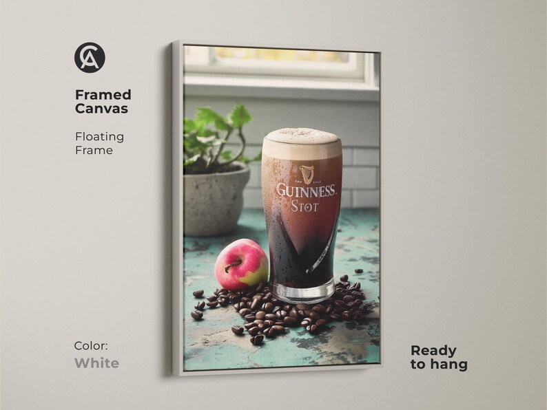 Vintage Guinness Stout Canvas Art Print, Coffee Lover Gift, Industrial Bar Decor, Rustic Kitchen Wall Art, Dark Brown Cream Artwork White Floating Frame Canvas Print