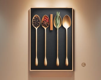 Gold Spoons Wall Art, Black & Gold Peppercorn Spice Print, Modern Kitchen Art, Contemporary Home Decor, Culinary Artwork Gift