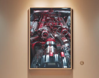 Puede incluir: Impresión enmarcada que muestra una vista detallada de un motor de coche. El motor presenta una llamativa combinación de componentes rojos y plateados, con intrincados detalles mecánicos. La obra de arte se presenta en un marco de madera.
