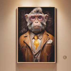 May include: A framed portrait of a monkey wearing round pink-tinted glasses, a tan vest, a bright yellow necktie, and a brown leather jacket. The background is a dark, textured brown with faint circular patterns and subtle botanical illustrations.