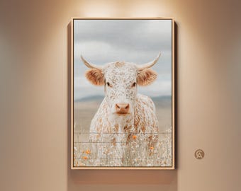 Highland Cow Wall Art, Farmhouse Canvas Print, Rustic Animal Artwork, Wildflower Field Home Decor, Tan Beige Cream Cow Art Print