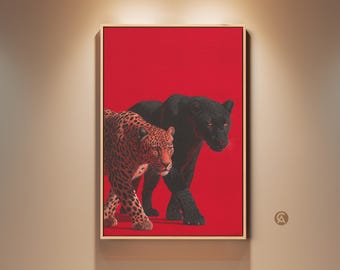 Leopard and Panther Wall Art Print, Crimson Red Animal Canvas Art, Contemporary Wildlife Artwork for Den, Housewarming Gift