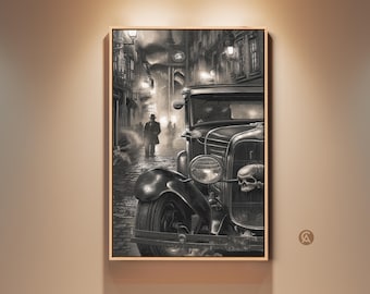 Gothic Vintage Car Skull Art Print, Dark Academia Industrial Loft Wall Decor, Office Art, Gift for Car Enthusiast