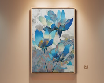 Blue Magnolia Art Print, Abstract Floral Canvas Wall Art, Teal & Grey Botanical Artwork, Contemporary Home Decor, Gift for Plant Lovers