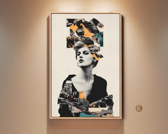 Collage Portrait Wall Art, Woman Vintage Elements Art Print, Retro Black Orange White Abstract Canvas Print, Eclectic Home Decor Gift