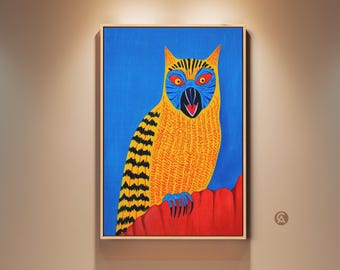 Tribal Owl Wall Art, Folk Art Print, Abstract Bird Canvas, Eclectic Home Decor, Blue Yellow Red Animal Art, Birthday Gift for Owl Lovers