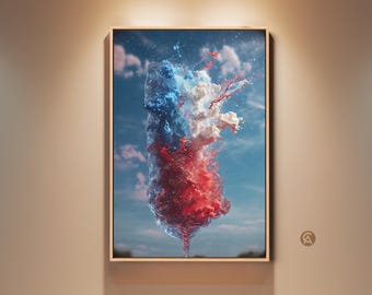 May include: A framed art print featuring a stylized image of a wine glass filled with red, white, and blue abstract shapes. The artwork is set against a blue sky background with clouds, and is displayed on a beige wall.