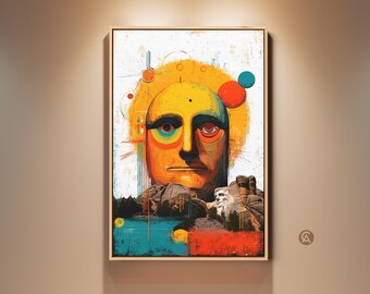 Abstract Mount Rushmore Face Wall Art, Surreal Expressionism Canvas Print, Yellow Orange Teal Landscape Artwork for Office & Home Decor