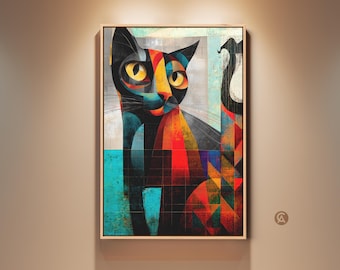 Abstract Cat Art Print, Cubist Animal Wall Art, Orange Teal Yellow Portrait Canvas Print, Modern Eclectic Home Decor Gift for Cat Lovers