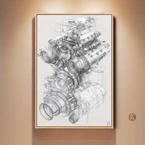 Könnte beinhalten: Gerahmter Druck eines detaillierten Motor-Bauplans. Das Kunstwerk zeigt eine komplexe, technische Illustration der inneren Komponenten eines Motors, dargestellt in einem Graustufen-Drahtstil. Der Druck wird in einem Holzrahmen präsentiert.