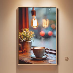 Cozy Coffee Cup Wall Art, Latte Art Print, Scandinavian Coffee Shop Decor, Housewarming Gift for Coffee Addicts, Brown Beige Orange Art Oak Floating Frame Canvas Print