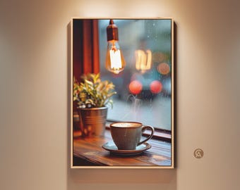 Cozy Coffee Cup Wall Art, Latte Art Print, Scandinavian Coffee Shop Decor, Housewarming Gift for Coffee Addicts, Brown Beige Orange Art