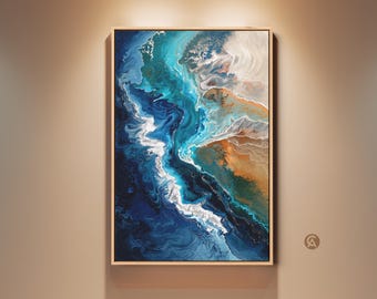 Abstract Ocean Wave Canvas Art Print, Coastal Wall Art, Teal Blue & Sandy Beige Fluid Art, Beach Lovers Gift, Modern Home Decor