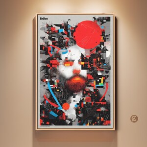 May include: Abstract art print featuring a portrait with a red circle and geometric shapes in red, black, and blue. The artwork is framed in a light wood frame and includes the text "BigBox" in the upper left corner.