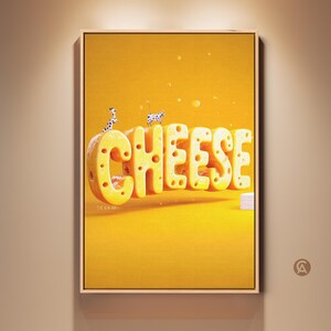 May include: A framed artwork featuring the word "CHEESE" in large, yellow, Swiss cheese-style letters. Two Dalmatian dogs are perched atop the letters. The background is a solid yellow, and the artwork is displayed on a beige wall.