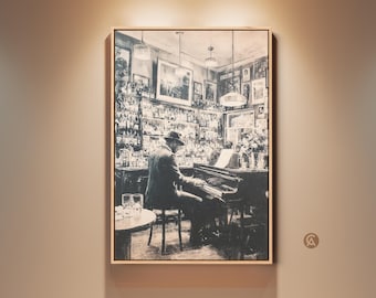 May include: Black and white framed print of a man playing a piano in a bar. The bar is filled with bottles and glasses, and the man is wearing a hat and suit. The print is displayed on a beige wall.
