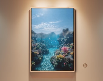 Underwater Coral Reef Canvas Print, Ocean Life Art, Tropical Fish Wall Art, Coastal Decor, Deep Blue Aqua Turquoise Artwork for Bedroom