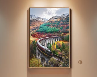 Vintage Train Art Print, Scenic Landscape Canvas Wall Art, Viaduct Railway Poster, Rustic Decor, Gift for Train Enthusiasts, Autumn Colors