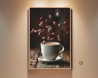 Coffee Bean Art Print, Falling Coffee Beans Canvas Wall Art, Modern Minimalist Kitchen Decor, Cafe Art, Gift for Coffee Lover