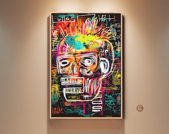 Könnte beinhalten: Abstrakter Kunstdruck mit einem farbenfrohen Schädeldesign mit kräftigen Linien und lebendigen Farbtönen von Orange, Pink, Gelb und Blau. Das Kunstwerk ist in einem hellen Holzrahmen gerahmt und an einer neutralen Wand montiert.