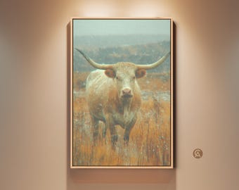 Longhorn Cattle Canvas Art Print, Rustic Farmhouse Wall Decor, Vintage Animal Artwork, Texas Home Decor, Gift for Farmhouse Lovers