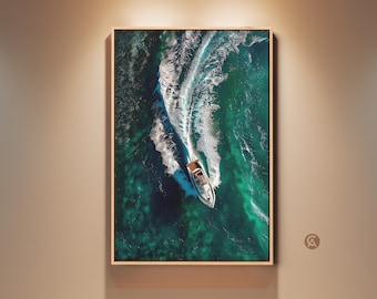 Aerial Speedboat Art Print, Emerald Green Ocean Waves Canvas Wall Art, Contemporary Nautical Decor, Gift for Boat Lovers