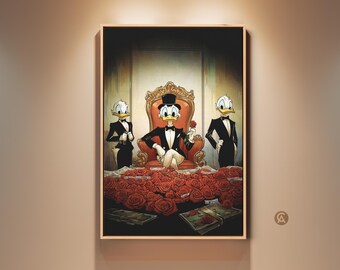 Scrooge McDuck Art Print, Rich Duck Cartoon Canvas Wall Art, Retro Pop Culture Poster, Gold Black Red Home Office Decor Gift