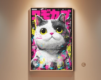 Cyberpunk Cat Art Print, Anime Style Wall Art, Neon Pink Yellow Cyan, Japanese Urban Aesthetic Poster, Gift for Cat Lovers & Gamers