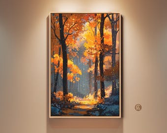 Amber Gold Forest Canvas Art - Autumn Stream Landscape Print - Boho Nature Wall Decor