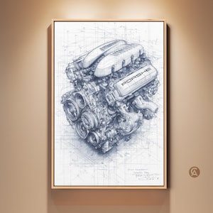 May include: Framed blueprint-style artwork of a Porsche engine, rendered in shades of blue and white. The engine is highly detailed, showcasing various mechanical components. The word "PORSCHE" is prominently displayed on the engine. The artwork is displayed on a beige wall.