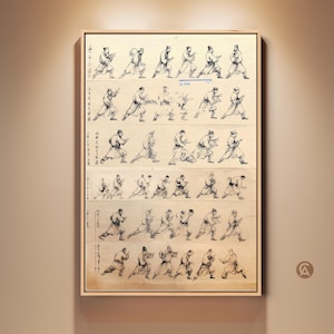 Puede incluir: Obra de arte enmarcada que presenta una serie de ilustraciones secuenciales de movimientos de artes marciales. La obra de arte es en blanco y negro, con figuras en varias posturas. El marco es de color madera clara, en una pared beige.