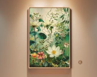 Vintage Botanical Print, Emerald Green Lotus Flower Wall Art, Boho Home Decor, Plant Lover Gift, Emerald Teal Art