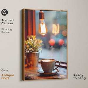 Cozy Coffee Cup Wall Art, Latte Art Print, Scandinavian Coffee Shop Decor, Housewarming Gift for Coffee Addicts, Brown Beige Orange Art Antique Gold Floating Frame Canvas Print