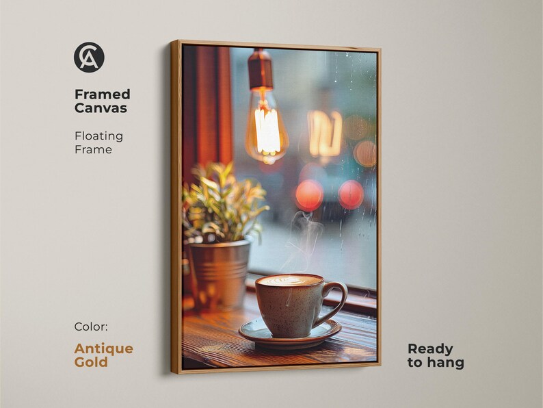 Cozy Coffee Cup Wall Art, Latte Art Print, Scandinavian Coffee Shop Decor, Housewarming Gift for Coffee Addicts, Brown Beige Orange Art Antique Gold Floating Frame Canvas Print