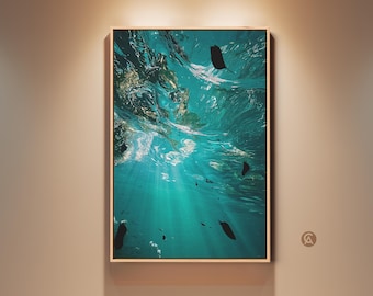 Underwater Ocean Scene Canvas Print, Teal Aqua Deep Sea Fish and Coral Artwork, Coastal Beach Lovers Gift, Photorealistic Wall Art