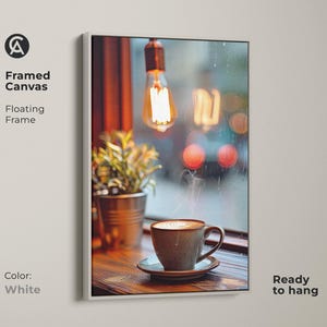 Cozy Coffee Cup Wall Art, Latte Art Print, Scandinavian Coffee Shop Decor, Housewarming Gift for Coffee Addicts, Brown Beige Orange Art White Floating Frame Canvas Print