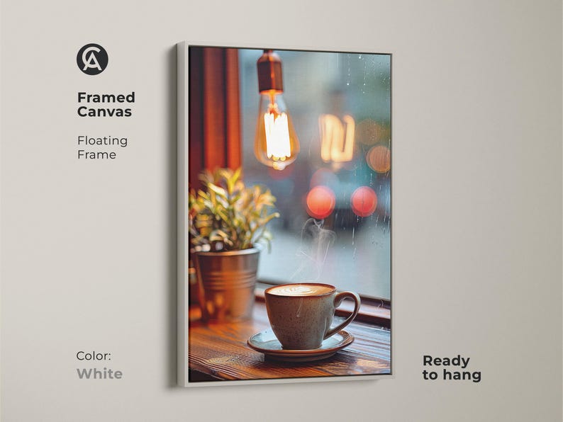 Cozy Coffee Cup Wall Art, Latte Art Print, Scandinavian Coffee Shop Decor, Housewarming Gift for Coffee Addicts, Brown Beige Orange Art White Floating Frame Canvas Print