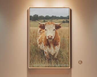 Farmhouse Cow Canvas Art Print, Realistic Highland Cow Wall Art, Rustic Field Landscape Painting, Brown White Home Decor Gift for Farmhouse