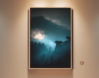 Moonlit Forest Canvas Print, Deep Blue Night Landscape Wall Art, Misty Mountain & Moon Artwork for Bedroom, Modern Home Decor Gift