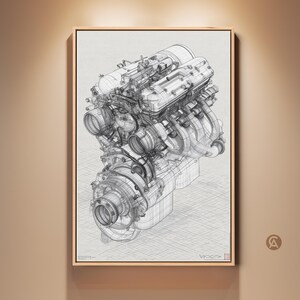 May include: Framed black and white technical drawing of an engine. The detailed illustration shows the internal components of the engine, including cylinders, pipes, and other mechanical parts. The artwork is displayed on a beige wall.