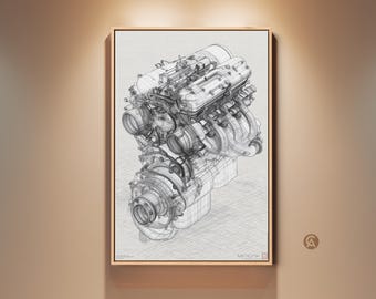Engine Blueprint Wall Art, Automotive Engineering Print, Industrial Garage Decor, Car Enthusiast Gift, Technical Drawing Canvas Art