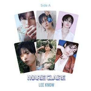 May include: A collection of six rectangular cards featuring a person with dark hair in various poses. The cards have a white border and are arranged in a circular pattern. The text "MARIE CLAIRE" and "LEE KNOW" are printed at the bottom.
