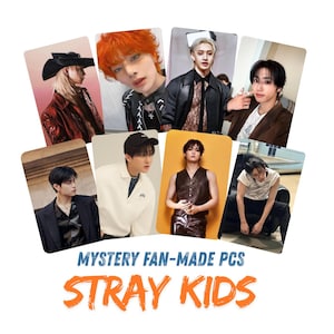 May include: A collection of fan-made photo cards featuring various individuals. The cards are rectangular with rounded corners and display images of people in diverse poses and outfits. The text "MYSTERY FAN-MADE PCS" and "STRAY KIDS" is visible in the image.