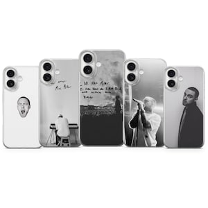 May include: A set of five monochrome phone cases. The designs include portraits, concert photos, and handwritten text, such as "Mac Miller" and the words "Enjoy". The cases are for a mobile phone.