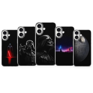 May include: A collection of five black phone cases featuring Star Wars-themed designs. The cases showcase Darth Vader in various poses, a lightsaber duel, and the Death Star. The cases are designed to fit a specific phone model.