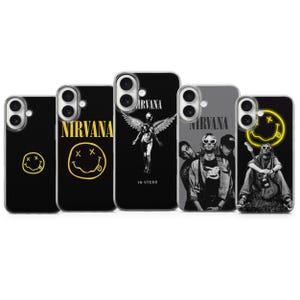 May include: Five black phone cases with Nirvana designs. The cases feature the band's logo, album art, and the smiley face symbol. The designs are in yellow, white, and grey.