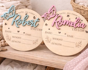 Baby Announcement Sign, Personalized Newborn Name Plate with Butterfly, Birth Stats Plaque, Hello World Sign, Nursery Decor Gift