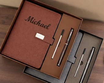 Custom Engraved Leather Notebook Set with Pen, Refillable Journal, Business Gift Box, Corporate Gift for Employees, Client Appreciation